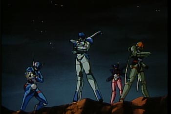 The Knight Sabers in their hardsuits: Priss, Sylia, Nene, and Linna